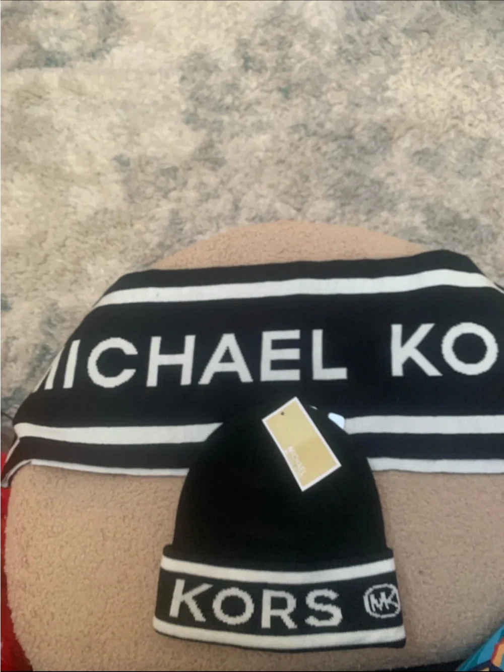 Michael Kors Kids Black and White Logo Knit Beanie & Scarf Set